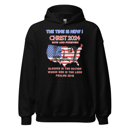 TIME IS NOW!  #1  CHRIST'S FACE MIDDLE OF USA FLAG- WHITE OUTLINED LETTERS FOR DARKER HOODIES