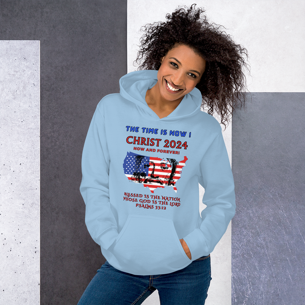 TIME IS NOW ! #2 - CHRIST'S FACE IN MIDDLE OF USA FLAG- BLACK OUTLINED LETTERS -FOR LIGHTER HOODIES