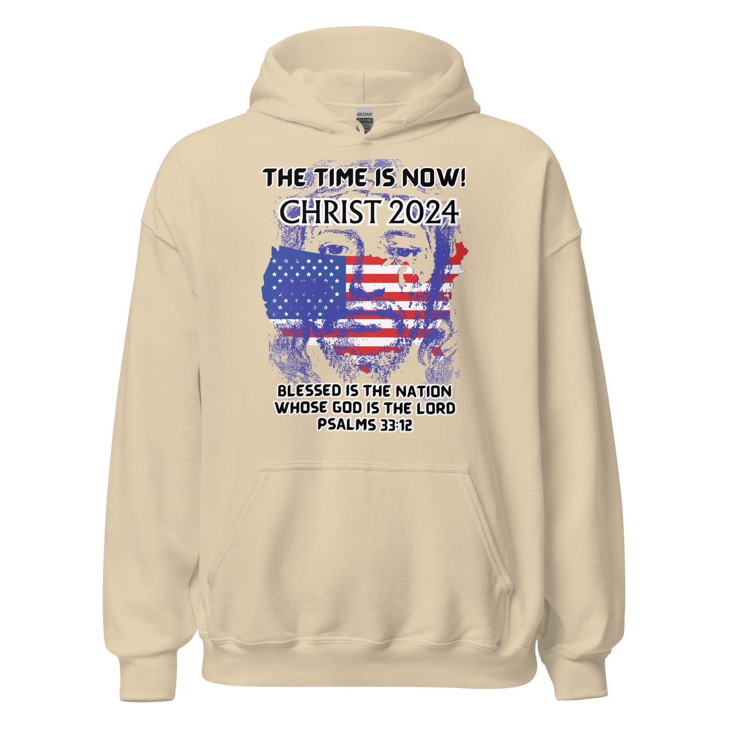 TIME IS NOW-#1 DESIGN -FULL FACE  CHRIST +FLAG IN MIDDLE- VERSE BOTTOM- BLACK LTRS ON ALL- NEW 8 30 24