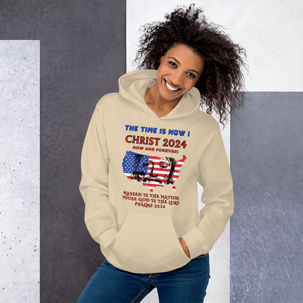 TIME IS NOW ! #2 - CHRIST'S FACE IN MIDDLE OF USA FLAG- BLACK OUTLINED LETTERS -FOR LIGHTER HOODIES