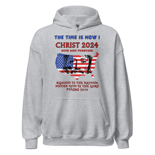 TIME IS NOW ! #2 - CHRIST'S FACE IN MIDDLE OF USA FLAG- BLACK OUTLINED LETTERS -FOR LIGHTER HOODIES