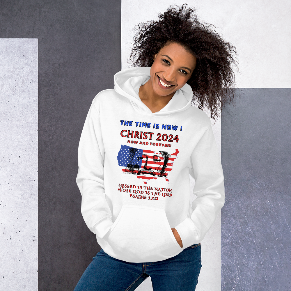 TIME IS NOW ! #2 - CHRIST'S FACE IN MIDDLE OF USA FLAG- BLACK OUTLINED LETTERS -FOR LIGHTER HOODIES